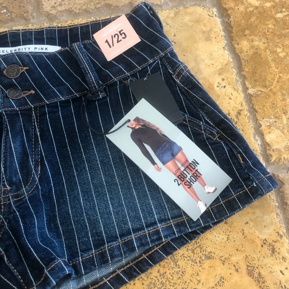CELEBRITY PINK - NWT DARK BLUE PINSTRIPE DENIM SHORTS + WOMENS SIZE 1/25